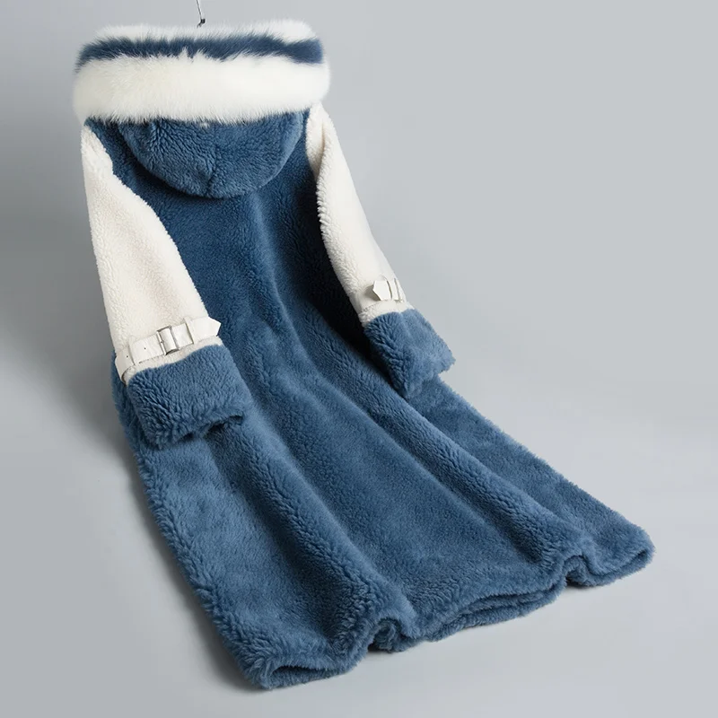 Hiver Mujer Réel Abrigo De Outwear Lwl1188 Manteau Chaud Tcyeek Veste Pardessus Des 2019 Tonte Fourrure Long Renard Moutons Femmes Blue nOkwP08X