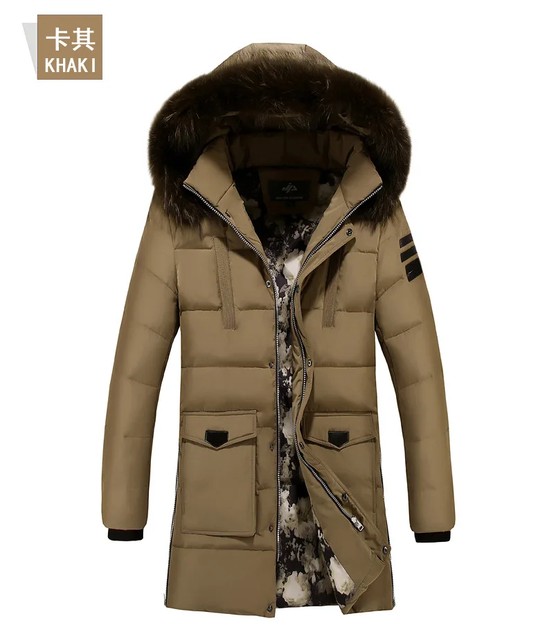 Casual Fur Hoodies Men Warm Coat Parka Zipper Hat Detachable Solid Long Jackets and Coats Stand Pockets Thick Overcoat
