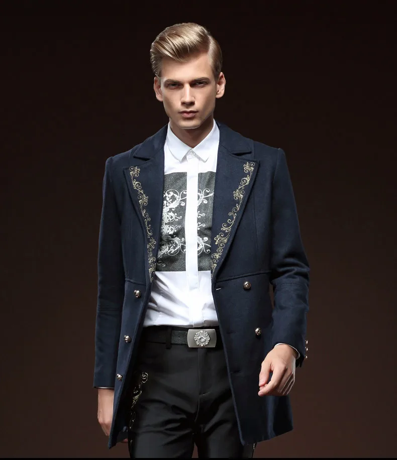 Новая модная мужская осенне-зимняя мужская куртка с длинными рукавами и вышивкой, длинное тонкое шерстяное пальто fanzhuan, 0090