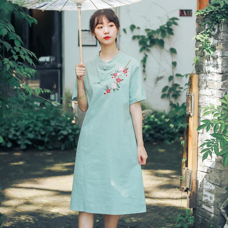 

KYQIAO women summer dress female ethnic design mandarin collar blue yellow green embroidery solid dress online chinese store