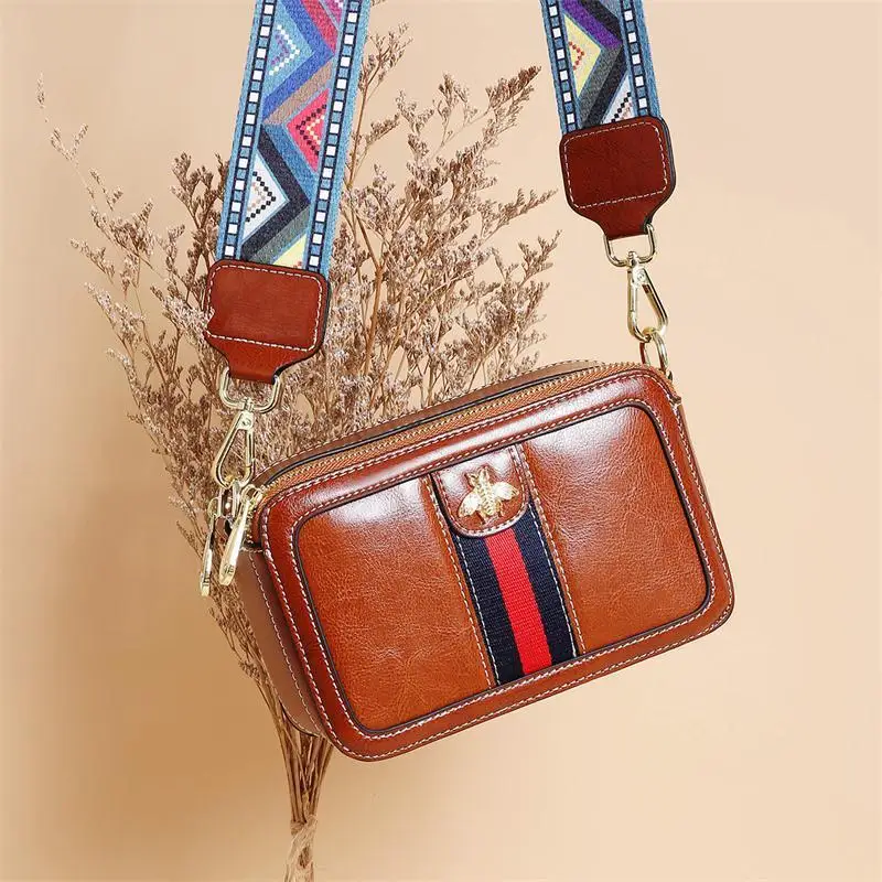 

Leather women's bag shoulder bag small bee wide shoulder strap leather Messenger fairy square brown bag(SHALOM)