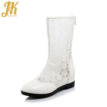 

JK Summer High Heels Mid Calf Boots Women 2018 New Autumn Lace Boots Round Toe Stitching Footwear Fashion Female Elevator Shoes
