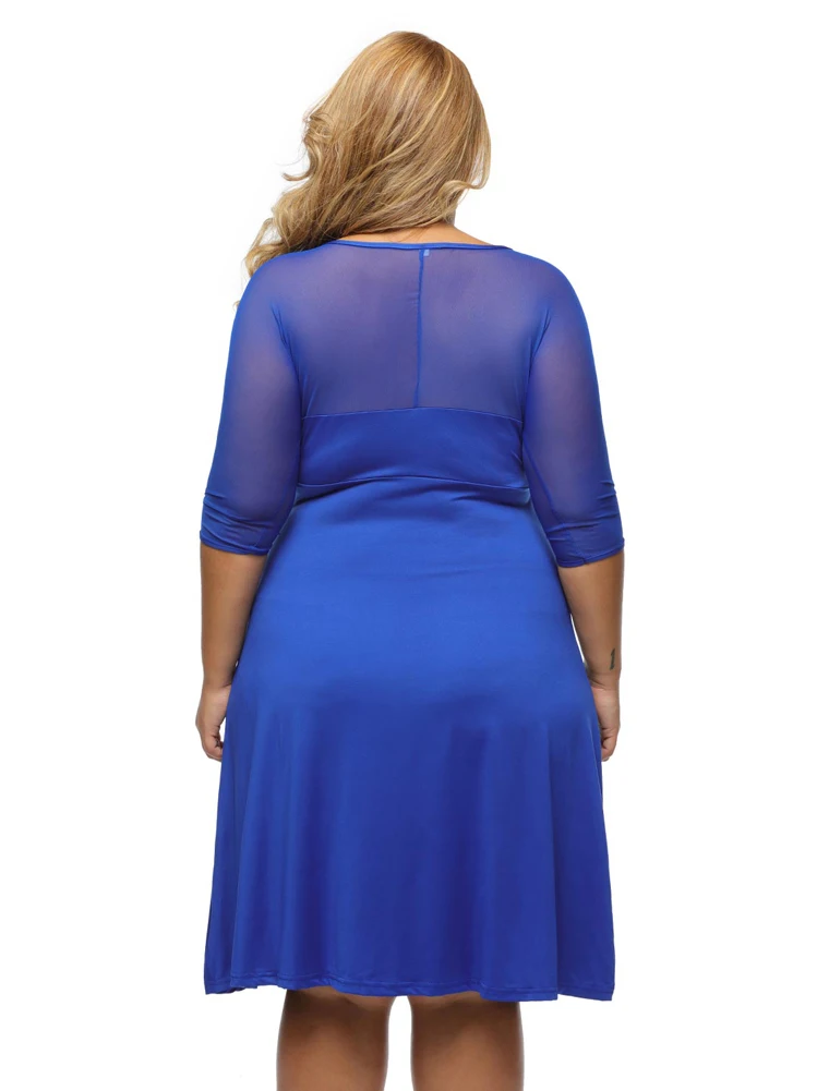 Adogirl 2017 Sexy Big Sizes XXL Mesh Half Sleeves Women Midi Dresses Blue-4
