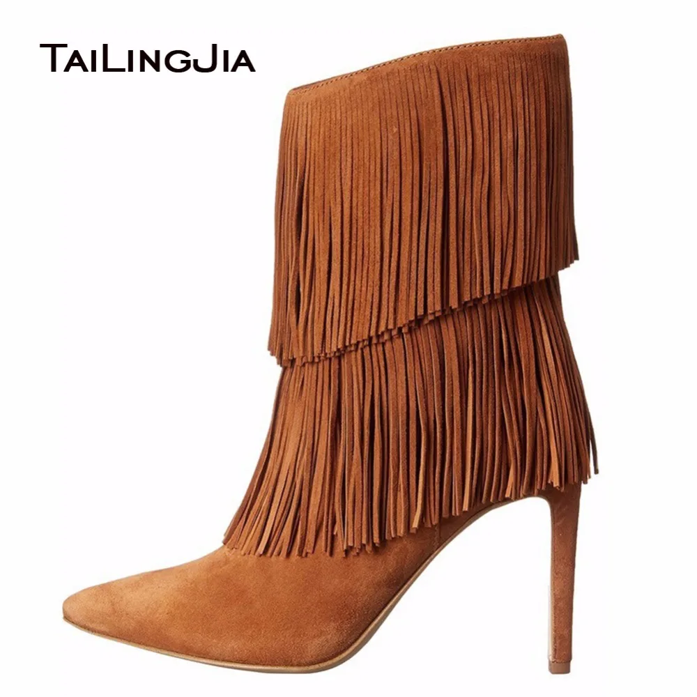 

Retro Tasseled Woamn Ankle Boots Thin High Heels Pointed Toe Ladies Boots With Side Zipper Winter Keep Warm Boots Free Shipping