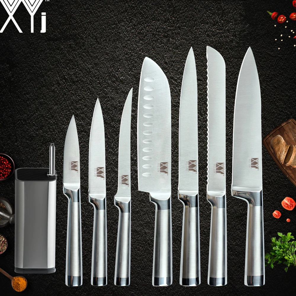 

XYj 9pcs Stainless Steel Knives Set Sharpener Kitchen Knife Holder Chef Santoku Boning Slicing Bread Paring Utility Knives