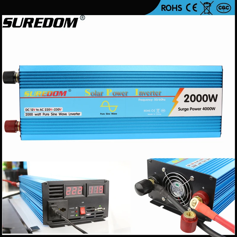 

SUREDOM Pure sine wave Dc12v To Ac 220v 2000w Peak 4000w Power Inverter With Digital Disply USB Port New Faction Style