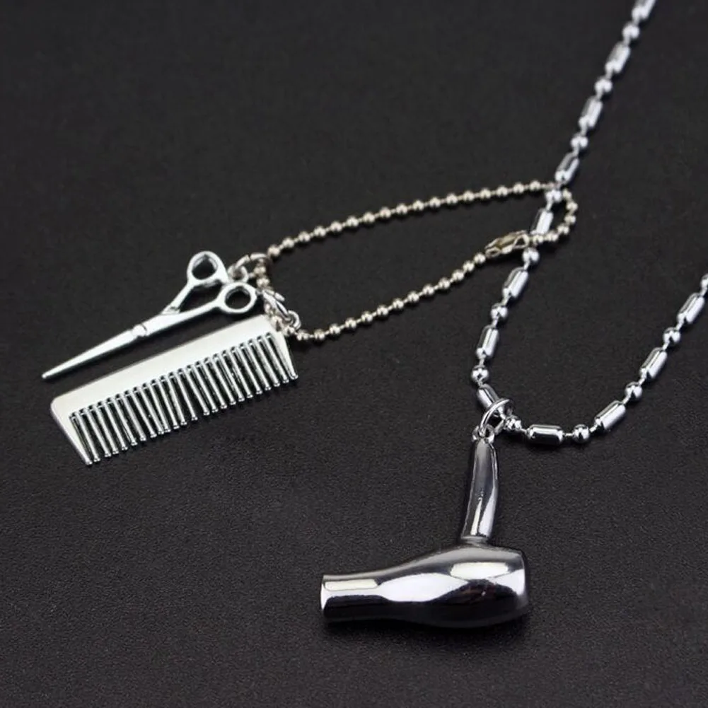 Fashion Men Necklace Vintage Silver Plated Hair Stylist Dryer Scissor
