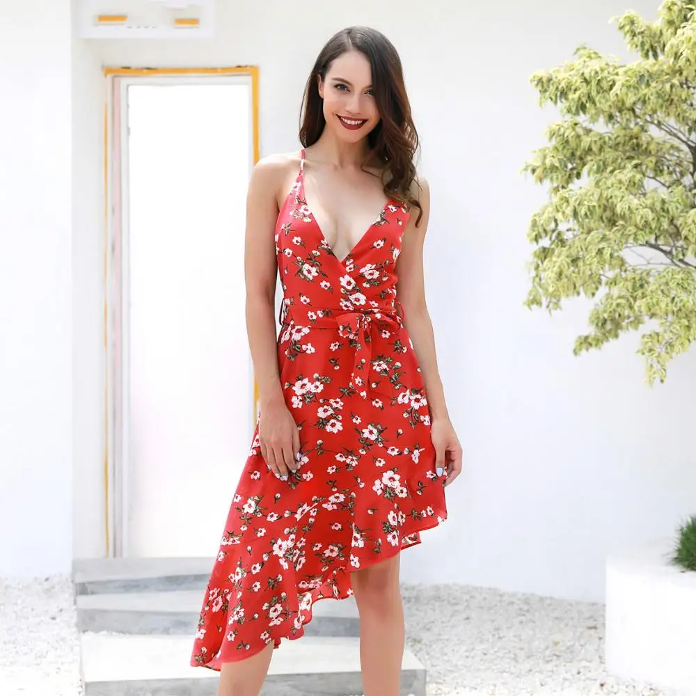 concierto dedo índice Bienes Vestido de playa de verano 2019 talla grande mujeres irregular rojo floral floreado  vestido cuello en V espagueti Correa lazo chifón vestidos de sol 81605 _ -  AliExpress Mobile