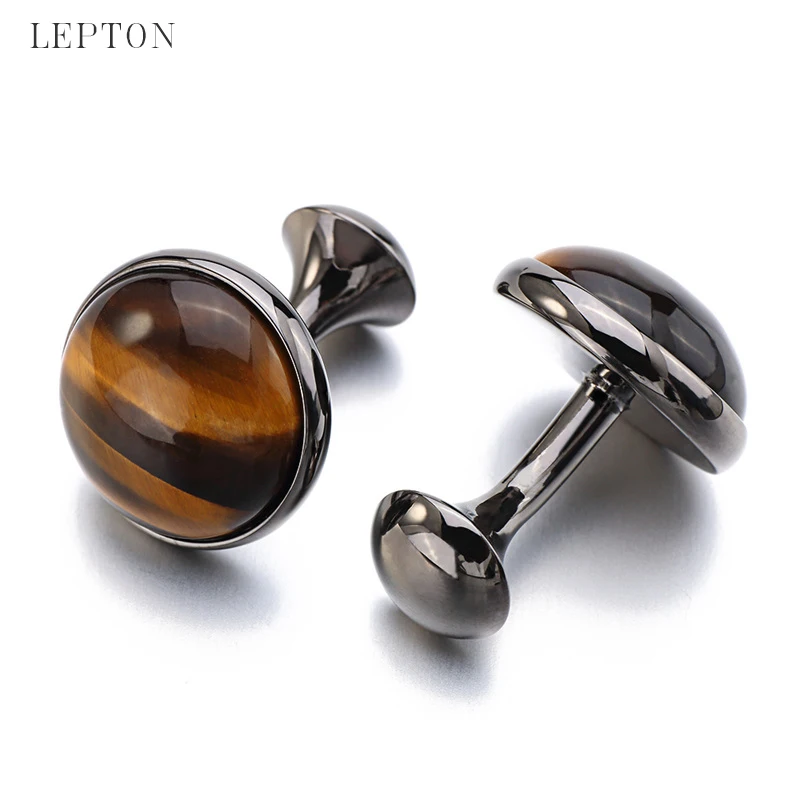 Недорогие роскошные запонки с камнем тигровый глаз для мужчин, позолоченные, Lepton, высокое качество, брендовые запонки с круглым камнем, лучший подарок