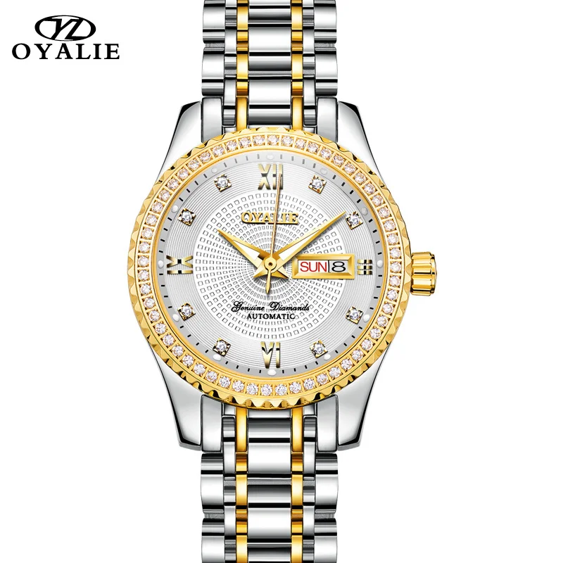 OYALIE Япония высококачественное изображение механический автоматический дата золотые женские часы модное платье Стразы Серебряные женские часы - Цвет: Gold white lady