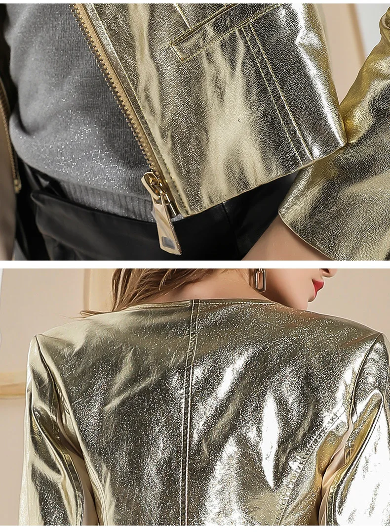 Осенняя Модная брендовая кожаная куртка Серебряного и золотистого цвета в уличном стиле женская кожаная куртка отличного качества в британском стиле wq384
