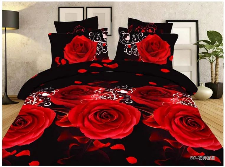 3D Black and Red rose bedding set bedspread quilts duvet cover sheets bed in a bag linen queen