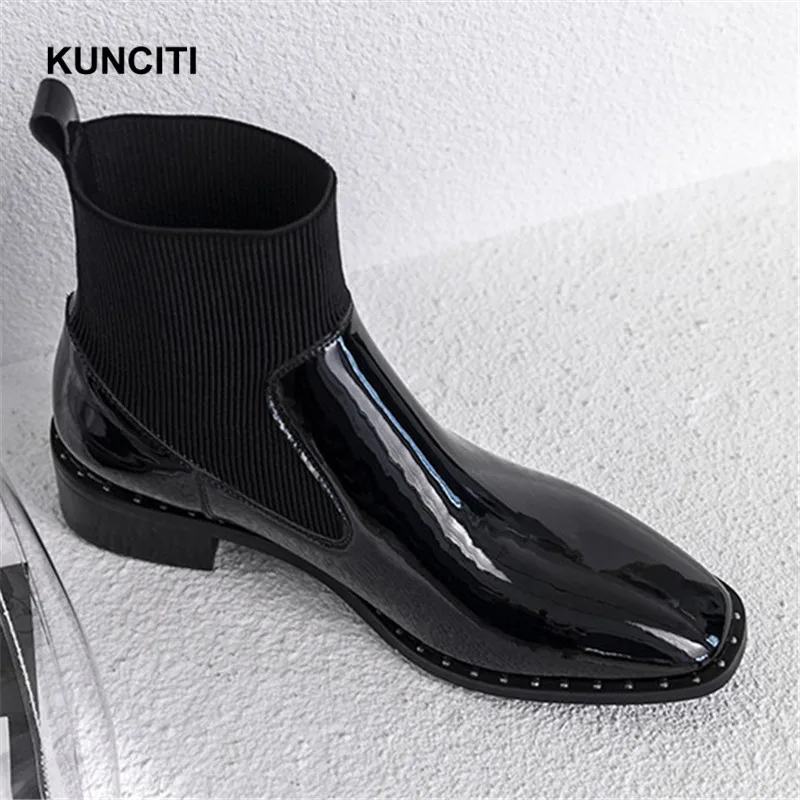 

2018 KUNCITI Square Toe Ladies Chelsea Boots Stretch Ankle Booties Patent Leather Women Studded Shoes NewFashion Sock Boots D96