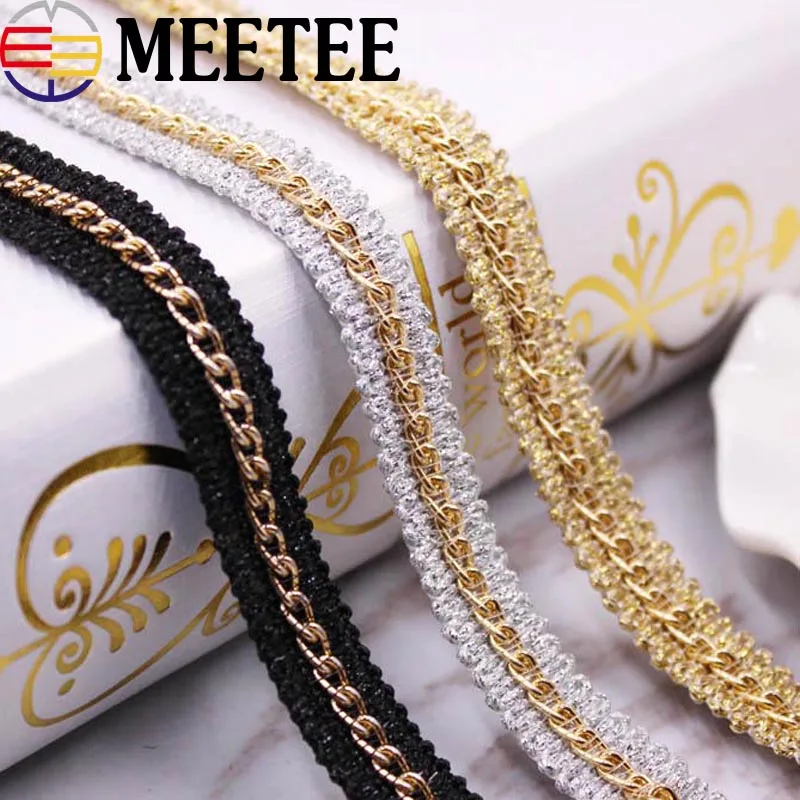 

5Yards Gold silver Chain Embroidered Lace Trim Ribbon Fabric Handmade DIY Wedding Dress Trimmings Sewing Crafts