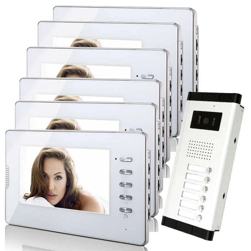 

FREE SHIPPING New 7" Color Screen Video Intercom Door Phone System 6 White Monitor 1 Doorbell Camera For 6 House Family In Stock