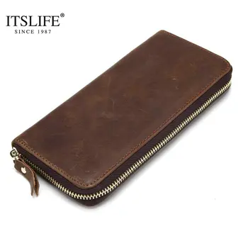 

Men's Crazy Horse Leather Zipper Around Wallet large capacity leather coin purse long cowhide clutch bag money case card holder