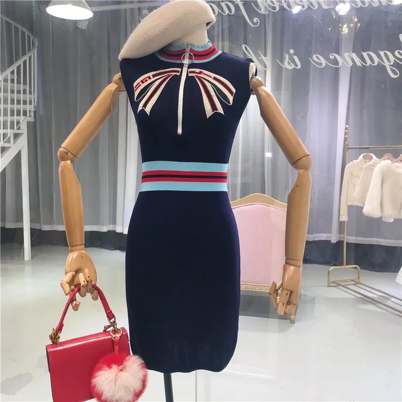 

Spring Women Fashion Bow Embroidery Knitted Sweater Dresses Sleeveless Sheath Zippers Tank High Waist Slim Joker Skinny Dress