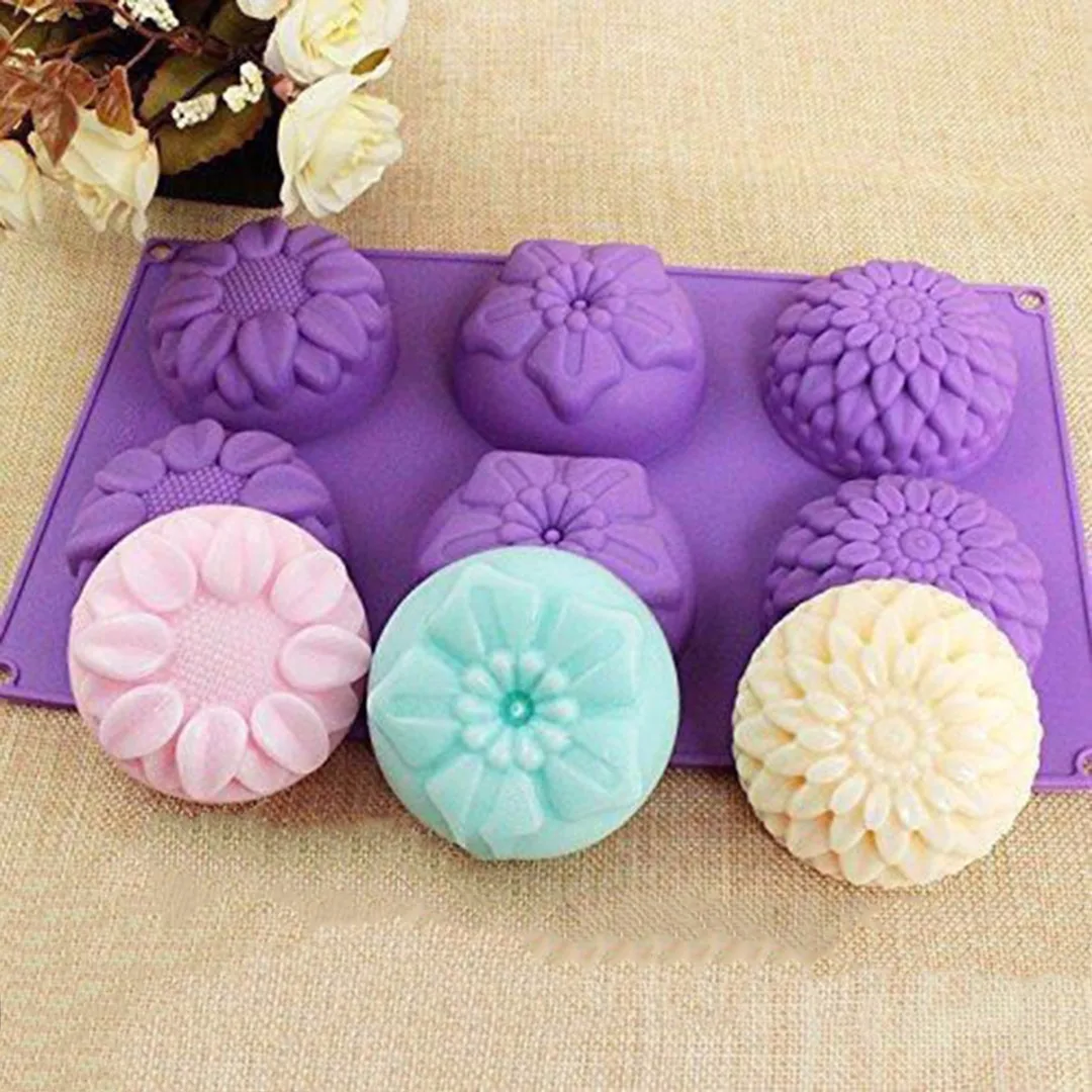 6 Holes Purple Flower Shaped Silicone Mould DIY Handmade Candle Cake Baking Soap Moulds Mold Kitchen Tools