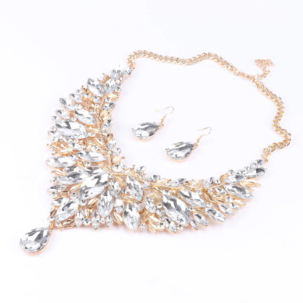 Африканский ювелирный набор, свадебное ожерелье, женский ювелирный набор золотого цвета, ожерелье и серьги, 6 цветов - Окраска металла: White