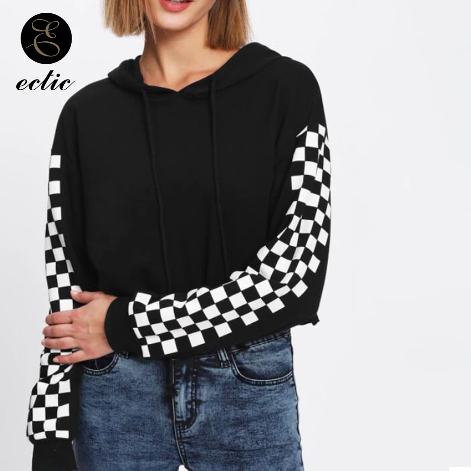  Sweatshirt Crop Top Poleron Mujer 2019 Korean Oversized Hoodie Checkerboard Patchwork Pullover Plai