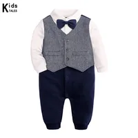 Fashion Newborn Baby Boys Gentleman Formal Suit Romper Long Sleeve Jumpsuit Bow Tie Tuxedo Outfit Clothes for 0-24M Bebes Gift