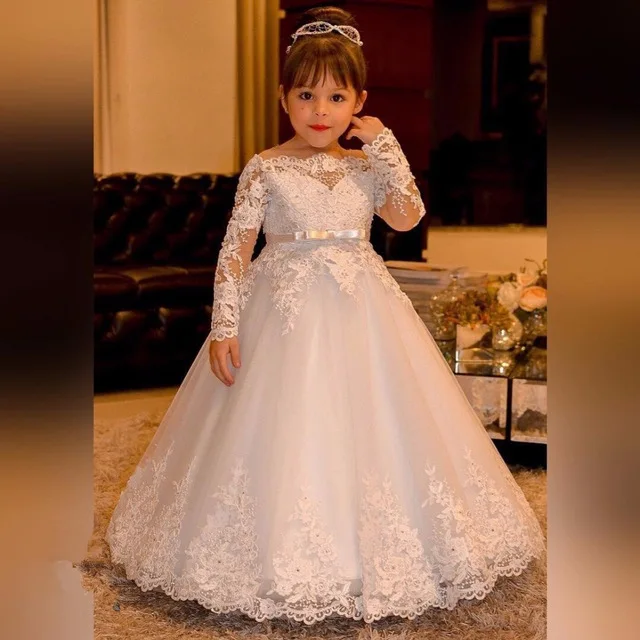 

BONJEAN Elegant Princess Flower Girls Dresses for Weddings Lace Long Sleeve Boat Neck First Communion Dress For Girls Party Gwon