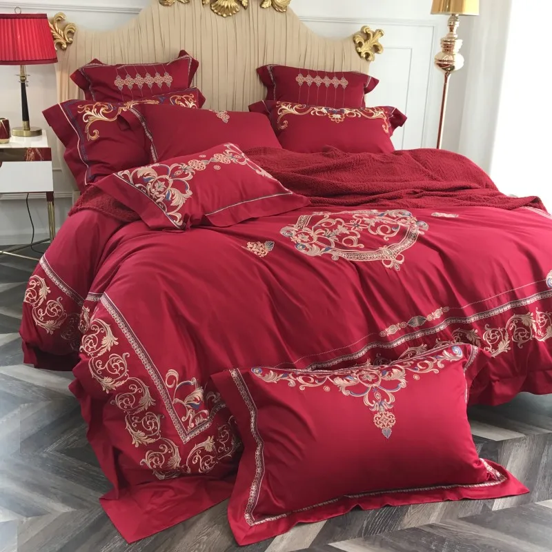 

Red luxury Wedding Golden embroidery 80S Egyptian cotton Bedding Set Duvet Cover Bed Linen Bed sheet Pillowcases King Queen Size