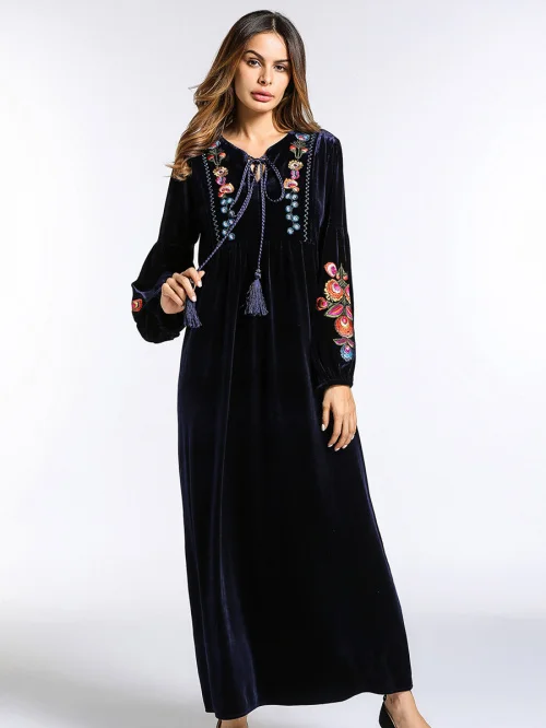 Модные женские макси платья вышивка бархат зима abaya теплые халаты свободный стиль мусульманский стиль; Ближний Восток Арабский исламский одежда - Цвет: AS PHOTO SHOWS