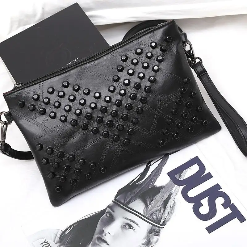 High Quality Fashion Black Envelope Women Clutch Rivet Girls Leather Party Purse Small Shoulder Handbag Evening
