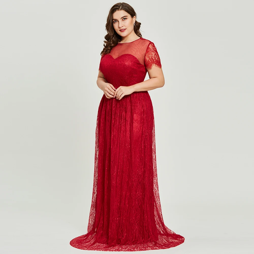Tanie Dressv bordowy z wycięciem plus rozmiar suknia wieczorowa elegancka linia z krótkimi rękawami ślubna formalna sukienka na przyjęcie koronkowe suknie wieczorowe