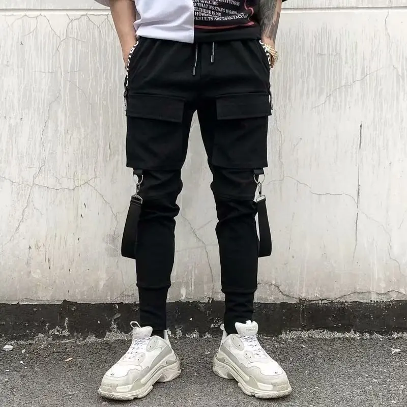 

Hip Hop Black Pencil Pants Men Cargo Pants Streetwear Men Pockets Harem Joggers 2019 Autumn Fashion Mens Pant Ribbon