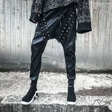 Мужские кожаные брюки; сезон весна-осень; Свободные повседневные брюки-галифе; брюки с низким вырезом; мужские брюки в байкерском стиле; Ropa De Hombre