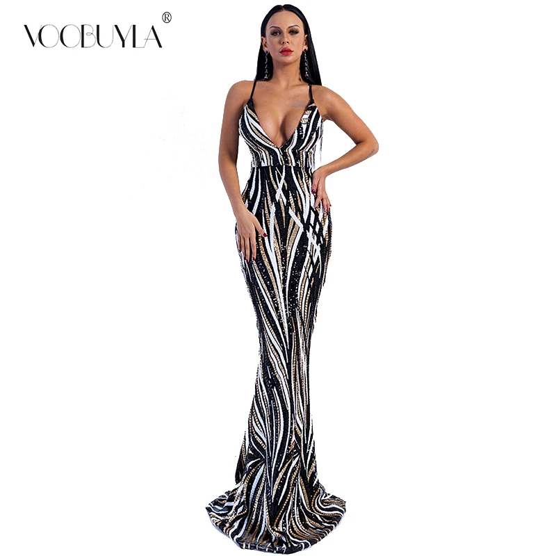 

Voobuyla 2019 Sexy Graceful V Neck Off Shoulder Sequin Dresses Women Maxi Party Dress Vestidos Female Spaghetti Strap Dress