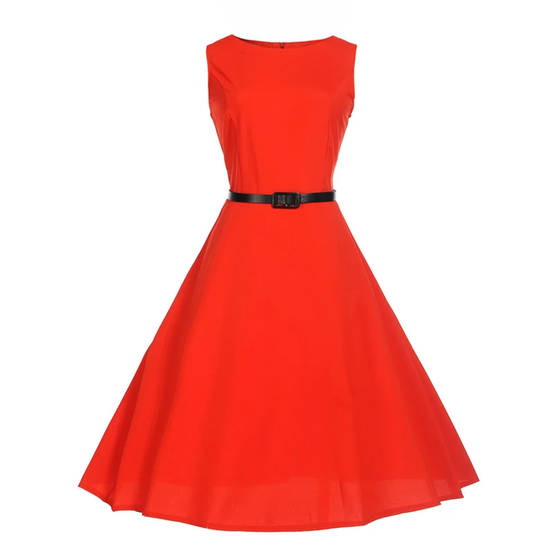 Kostlich O-Neck Solid Color Dresses Summer Hepburn Vintage Dress High Quality Women Big Swing Dress Plus Size S-2XL With Belt (2)