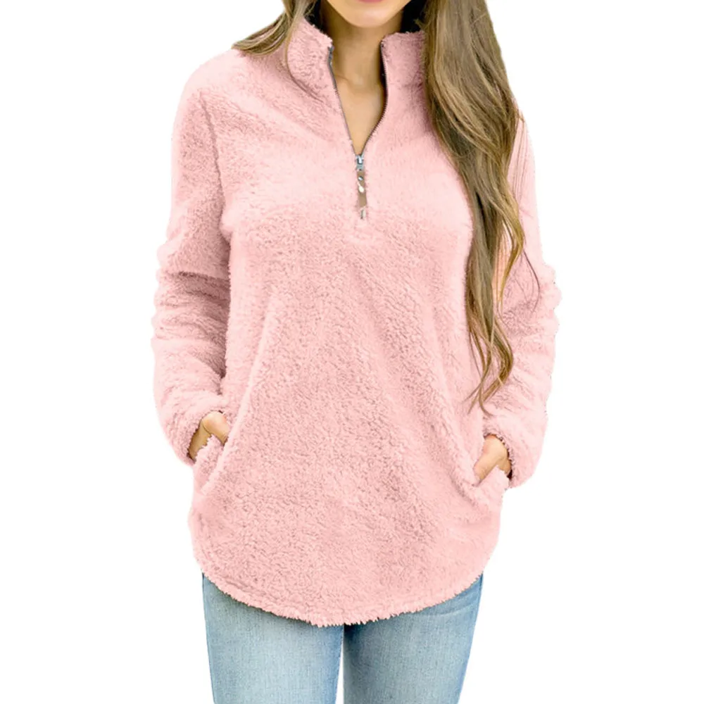 

Winter women blouses girl shirts solid female Long Sleeve Tops Winter Warm Blouse Sweatshirt Zipper Fleece Pullover Top