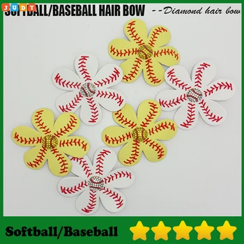 

Softball Baseball Leather Hair Flower Hairclips Seamed Hair Bows With Rhinestone Hair Clip Pin Hair On Barrette