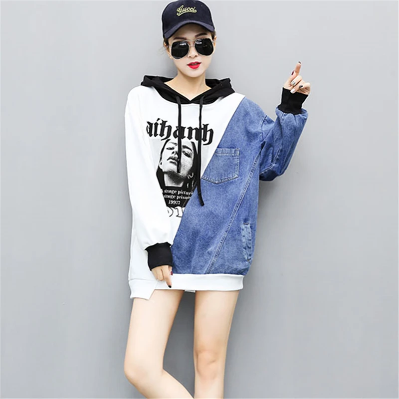 

2019 Spring Fashion New plus size Women pullover Hooded Sweatshirt Loose Stitching Denim jacket harajuku Long-Sleeve women tops