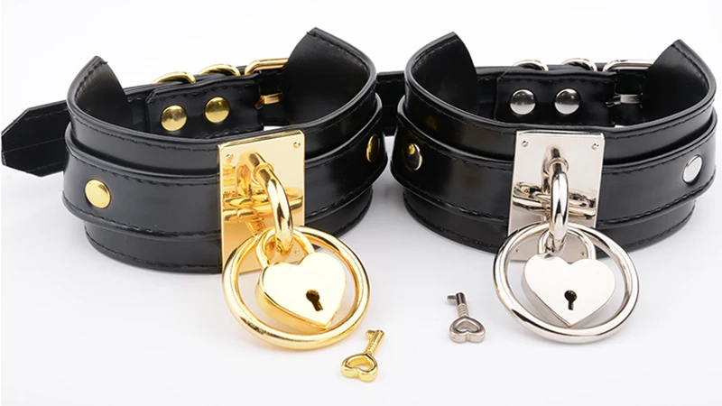 Punk Women Men Handmade Oversized Choker Wide Band Big O Round Metal Silver Padlock Key Heart Collar Bondage Slave Goth Choker 7