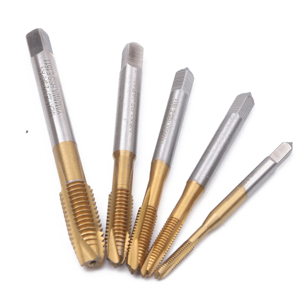 5pcs HSS High Speed Steel Titanium Coated Spiral Pointed Tap Set Flute