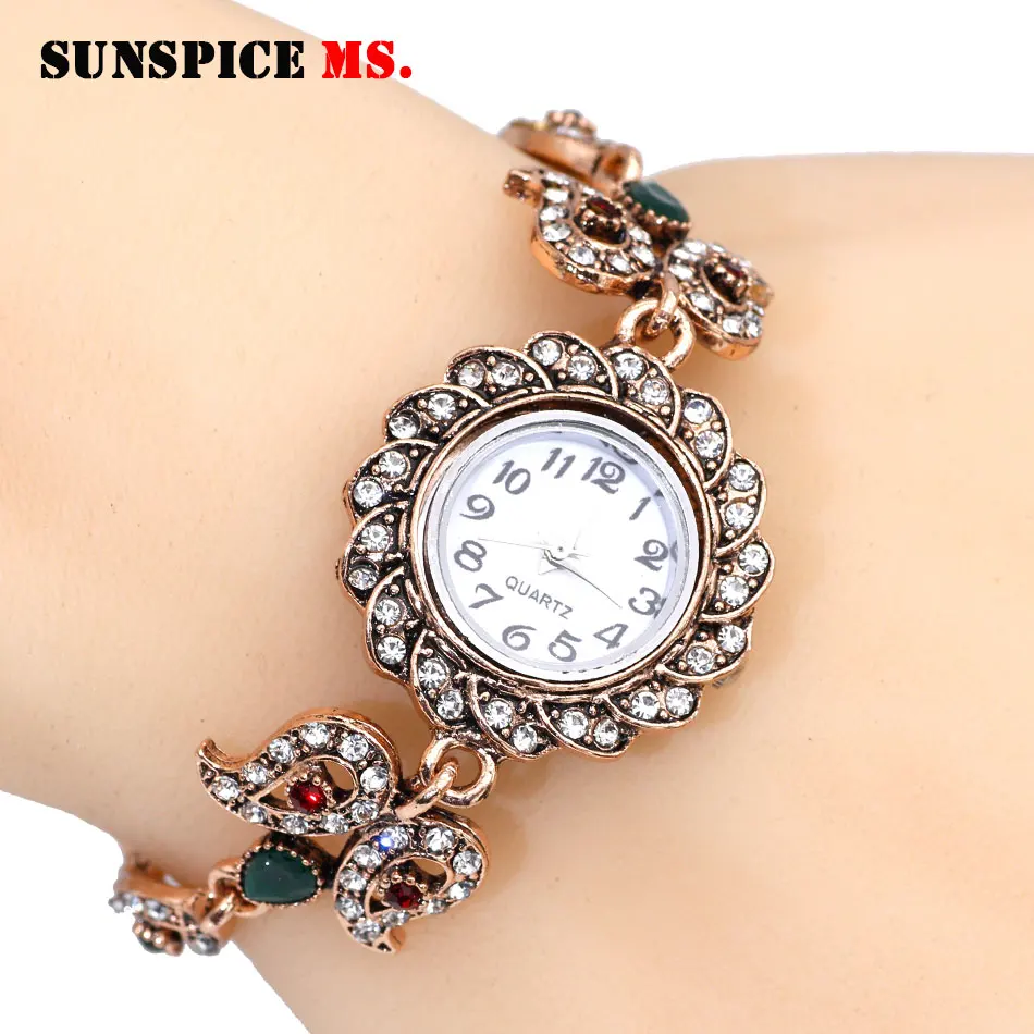 MTwt01GREEN SUNSPICE MS турецкие Стразы Часы на ремешке с цветочным узором для женщин наручные часы антикварные золотистые этнические Свадебные украшения индийские подарки - Окраска металла: MTwt01GREEN