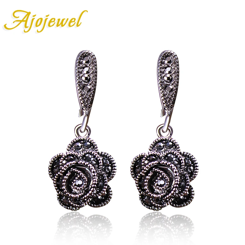 

Ajojewel Brand New Fashion Vintage Earrings For Women Black CZ Diamond Rose Flower Drop Earrings Jewelry Earrings Cute Bijoux