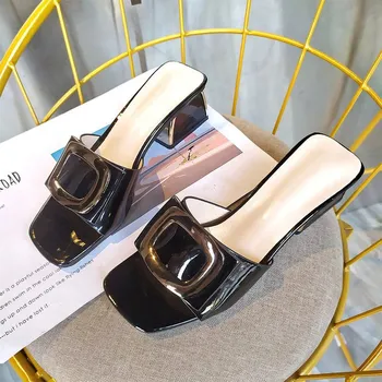 

Ho Heave 2019 Newest Popular Women Slippers Pure Color Square Head Coarse Heel Women's Wedges Non-slip Comfortable Sandals