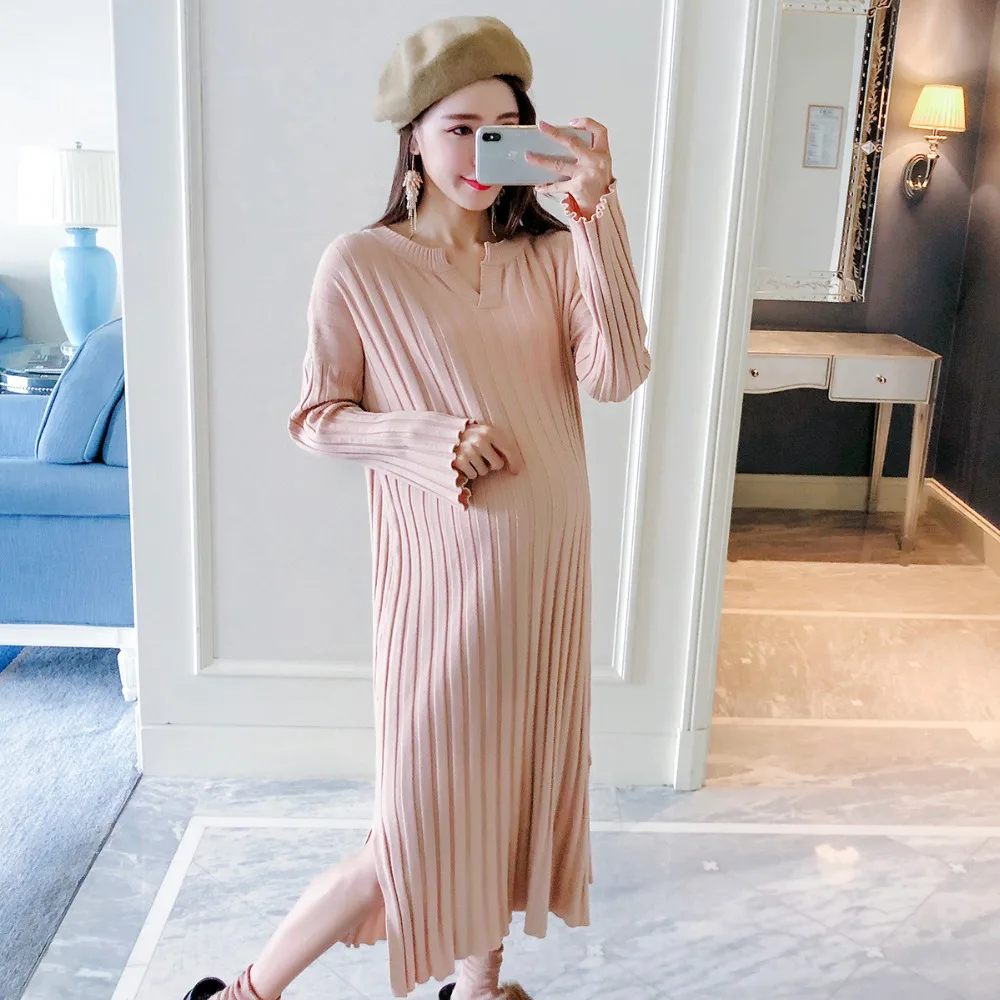 Pregnant women sweater autumn 2018 new fashion long sweater dress Korean V-neck loose maternity dress