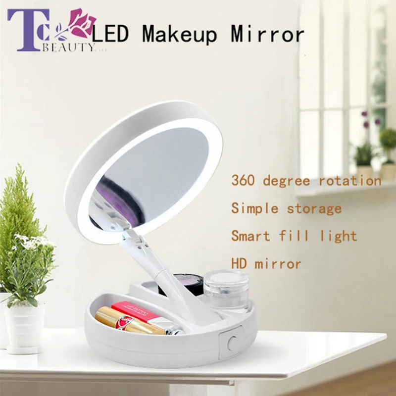 

Makeup Mirror LED With Light Folding Double-sided Magnifying Mirror Household Table Lamp Portable Portable Desktop 2018 New