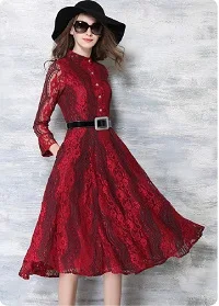 Robe Tunique приталенное и расклешенное кружевное платье со стоячим воротником и длинным рукавом для женщин Jurken Vestidos Encaje Mujer - Цвет: wine red