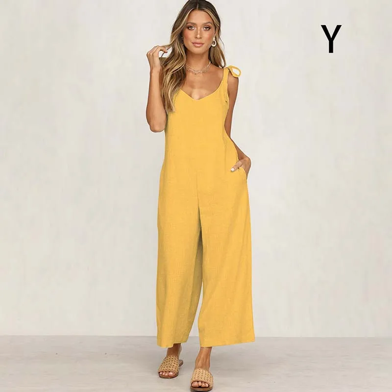 

Casual Summer Jumpsuits Sleeveless Solid Color Loose Backless Jumpsuit V-Neck Slim Female Jumpsuit 4 Color Wide Leg Pants