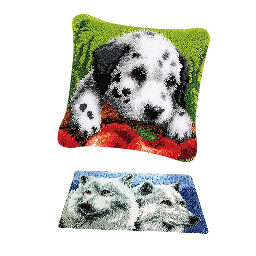 2 Sets Latch Hook Rug Kits For Adults Beginners Animals Dog Wolf