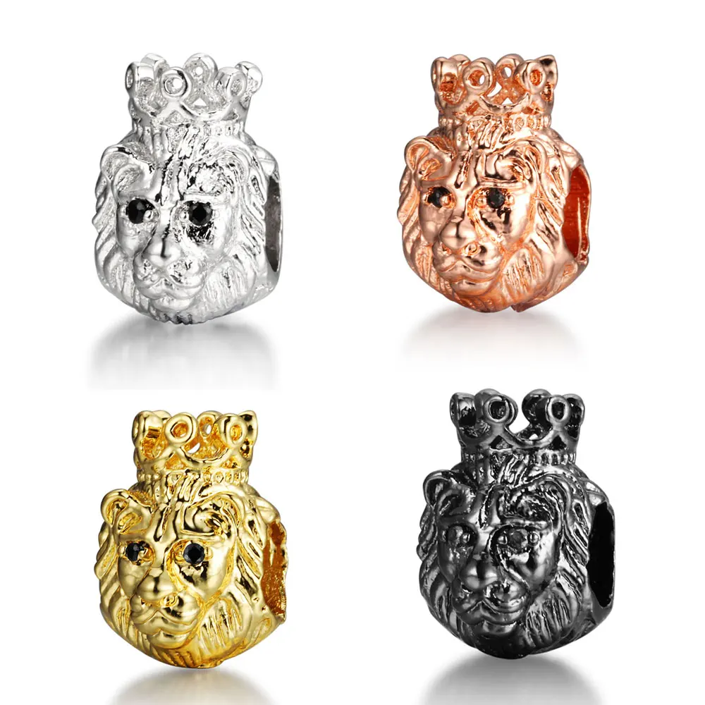

Micro Pave Zircon Beads Jewelry Making Copper Metal DIY 5mm Hole CZ Lion Head Beads With Crown Bracelet Charms Accessories
