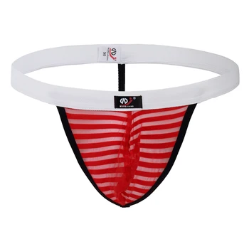 

AIIOU Sexy Gay Striped See Through G-Strings & Thongs Jockstrap Men Mesh Underwear Pouch Penis Mens Crotch Less Thong Underwear