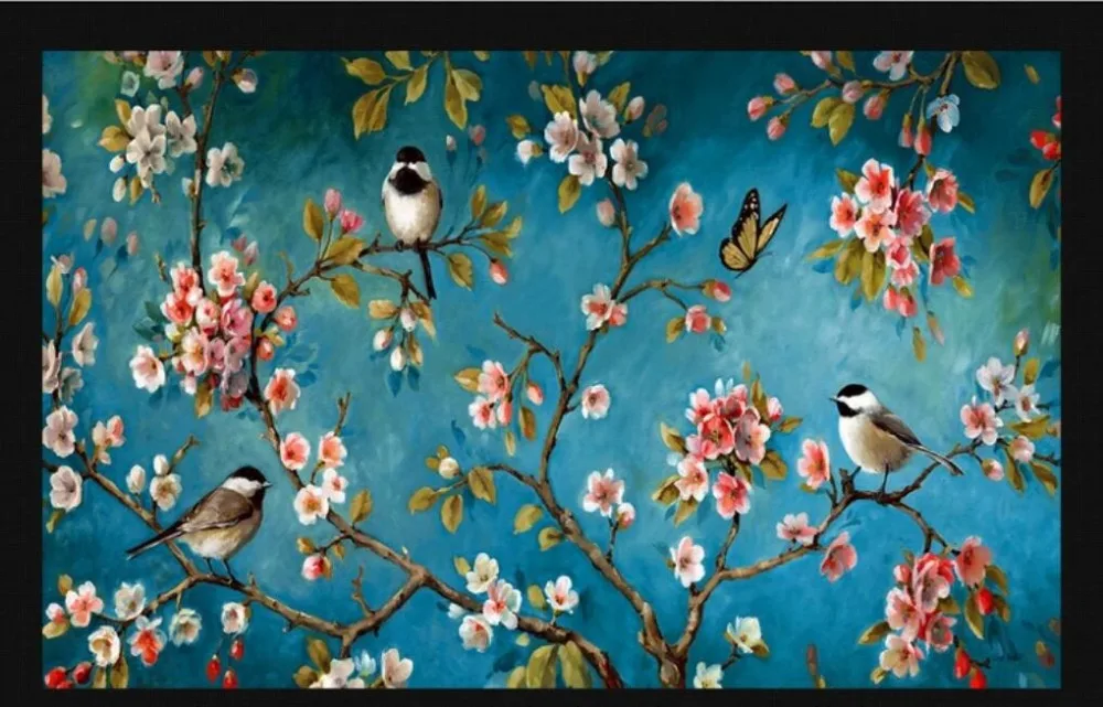 Красивые цветы и фон с птицами украшения стены живопись professional manufacture росписи фото обои